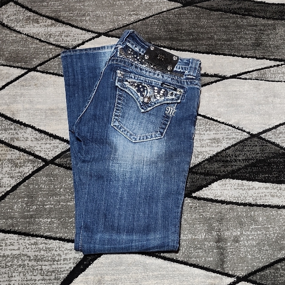 MISS ME EMBROIDERED RHINESTONES STUDDED ACCENTS MID-RISE BOOT-LEG DENIM JEAN